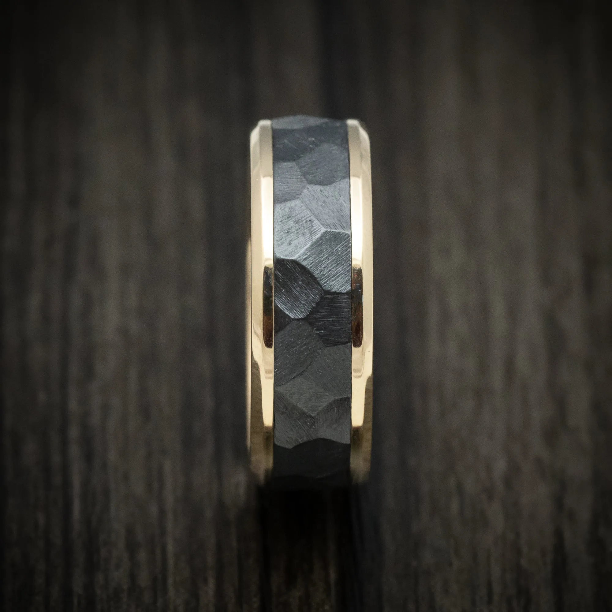 14K Gold Men's Ring with Black Zirconium Rock Finish Inlay Custom Made