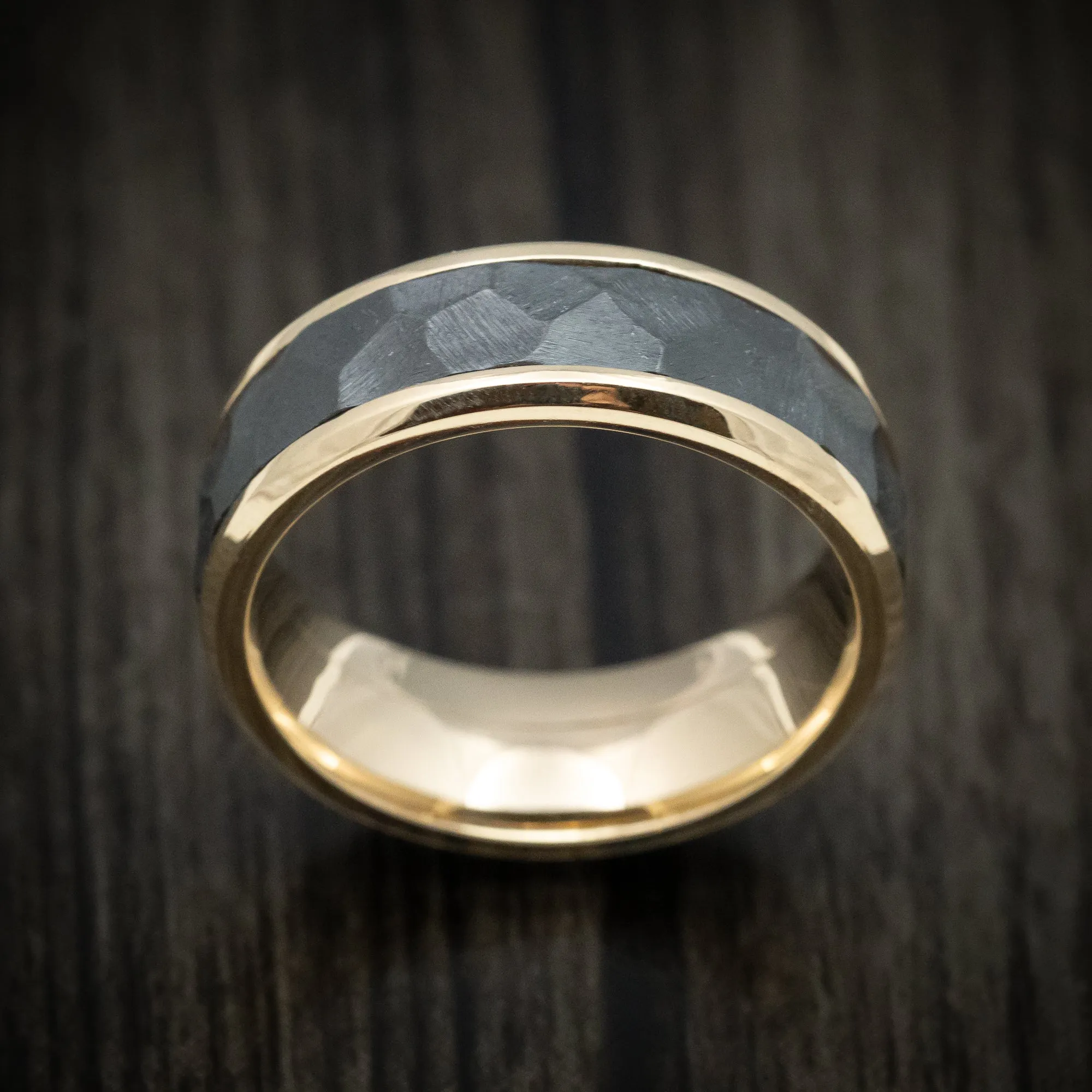 14K Gold Men's Ring with Black Zirconium Rock Finish Inlay Custom Made