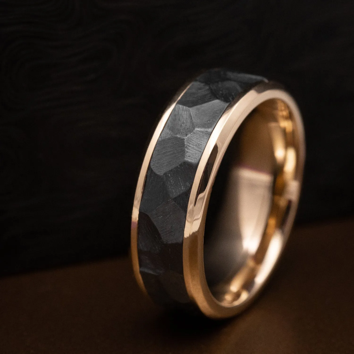 14K Gold Men's Ring with Black Zirconium Rock Finish Inlay Custom Made