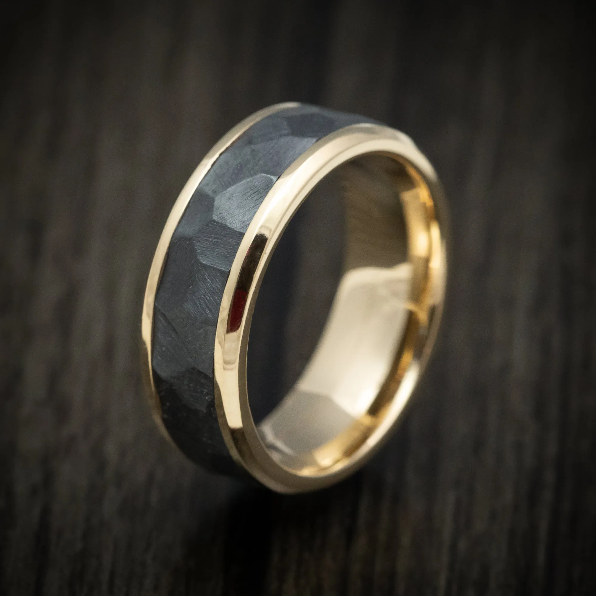 14K Gold Men's Ring with Black Zirconium Rock Finish Inlay Custom Made