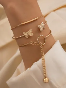 1pc Fashionable Zinc Alloy Butterfly & Bead Decor Chain Bracelet & 2pcs/set Cuff Bangle For Women For Daily Decoration