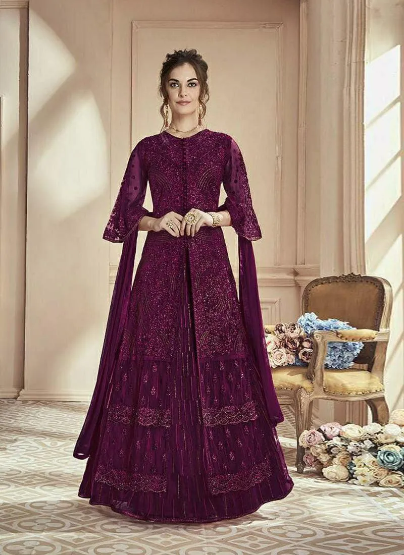 Admirable Party Wear Designer Net Base Slit Cut Lehenga Suit