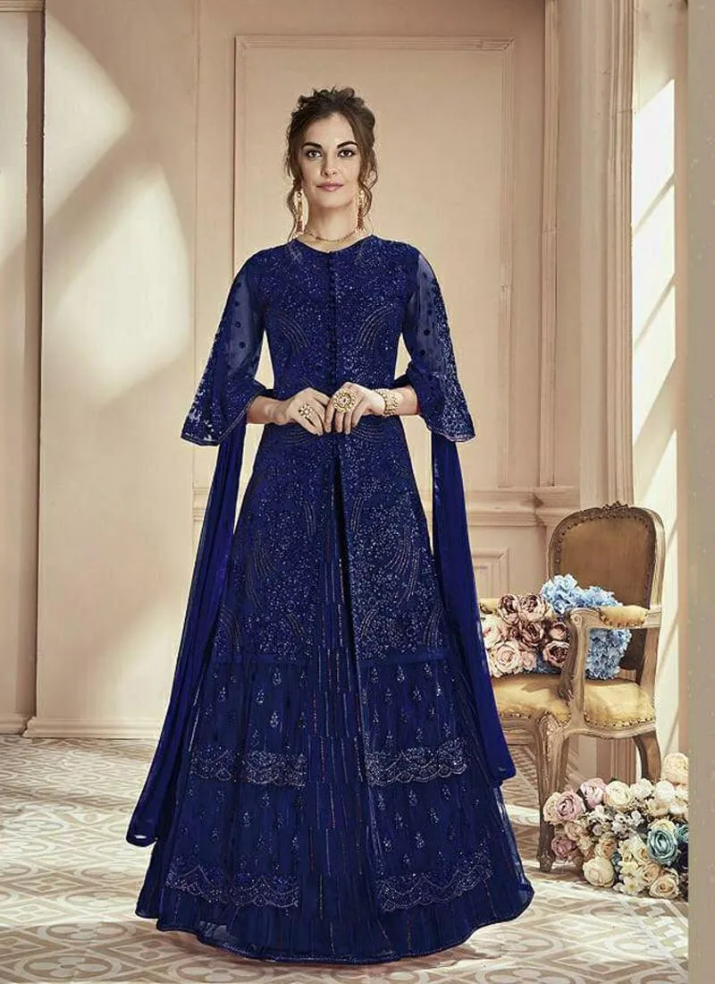 Admirable Party Wear Designer Net Base Slit Cut Lehenga Suit