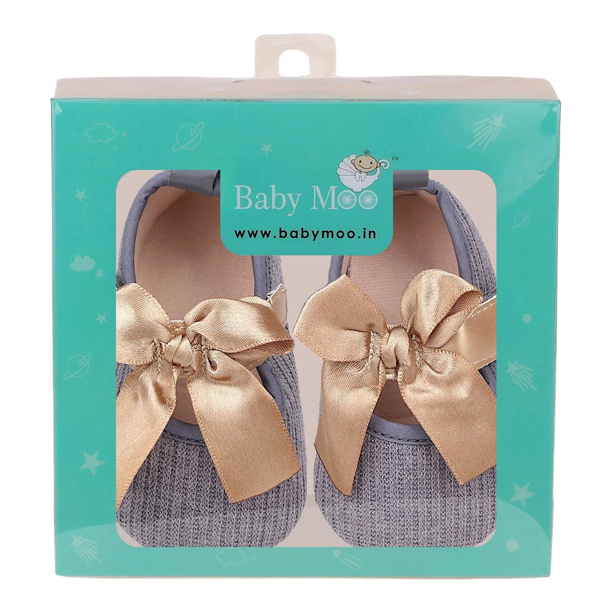 Baby Moo Bow Knot Velcro Strap Ribbed Anti-Skid Ballerina Booties - Grey