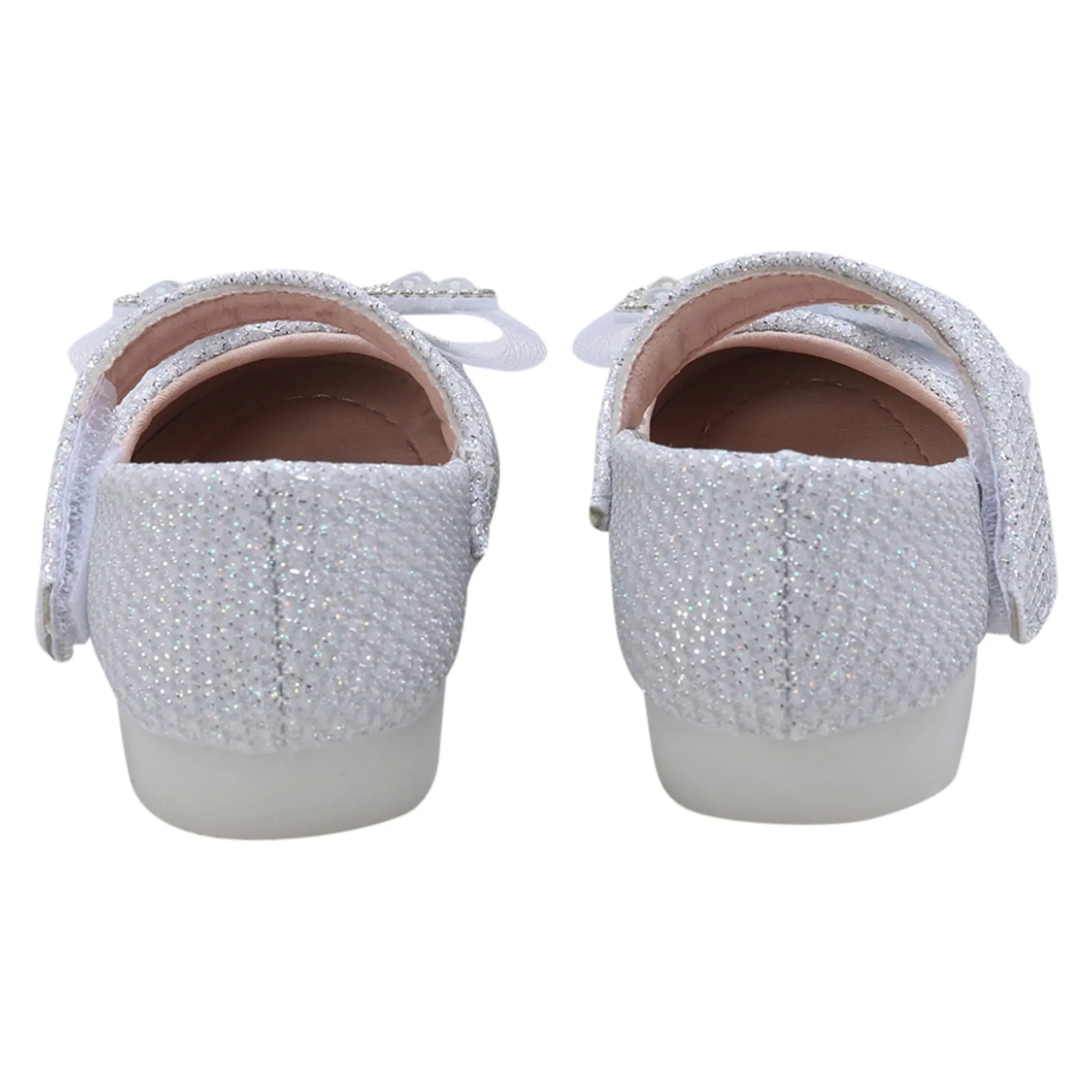 Baby Moo Glittery Butterfly Bow Mary Jane Velcro Strap Anti-Skid Ballerina Shoes - White