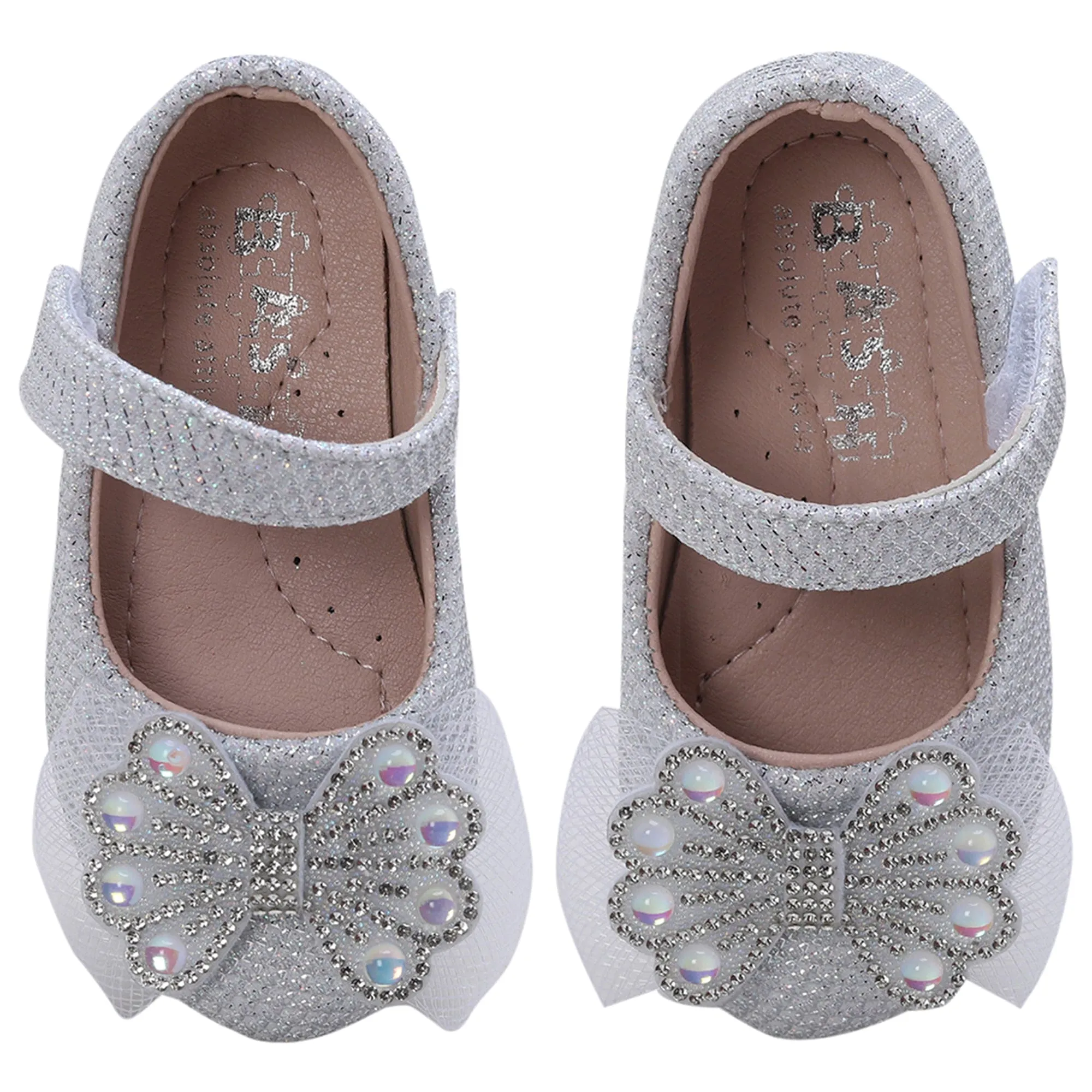 Baby Moo Glittery Butterfly Bow Mary Jane Velcro Strap Anti-Skid Ballerina Shoes - White