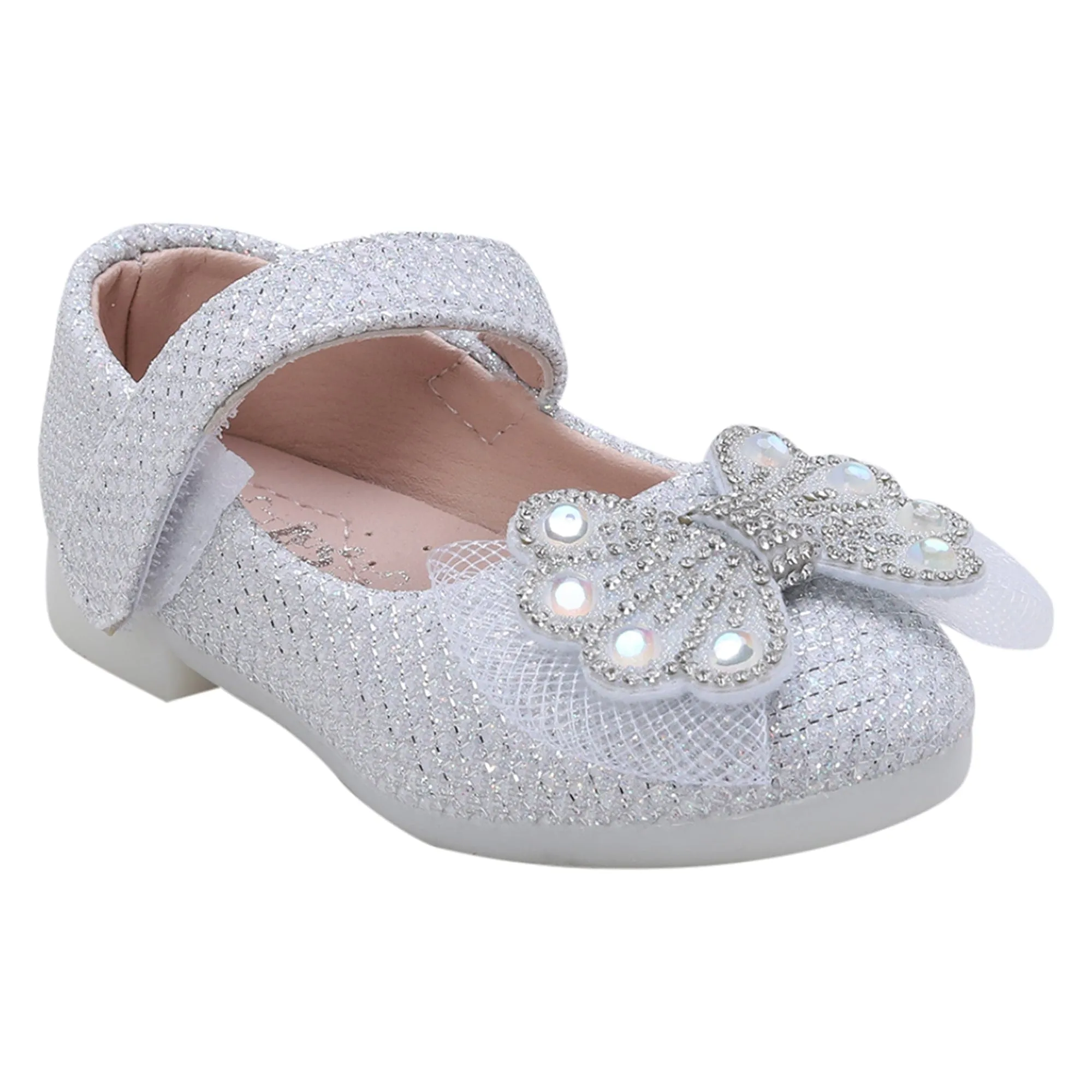 Baby Moo Glittery Butterfly Bow Mary Jane Velcro Strap Anti-Skid Ballerina Shoes - White