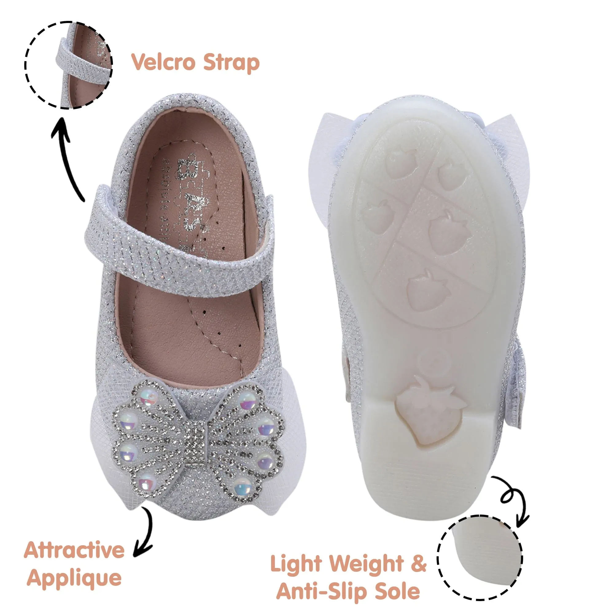 Baby Moo Glittery Butterfly Bow Mary Jane Velcro Strap Anti-Skid Ballerina Shoes - White