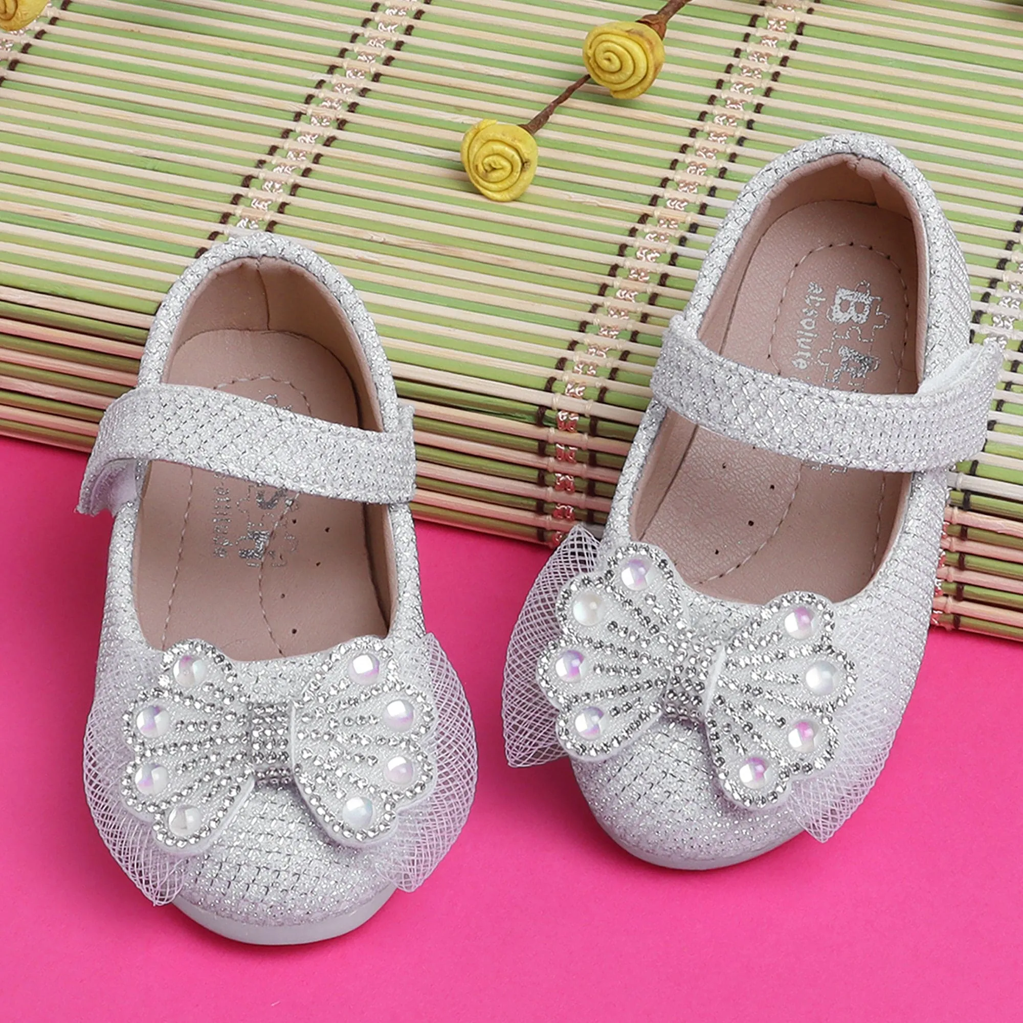 Baby Moo Glittery Butterfly Bow Mary Jane Velcro Strap Anti-Skid Ballerina Shoes - White