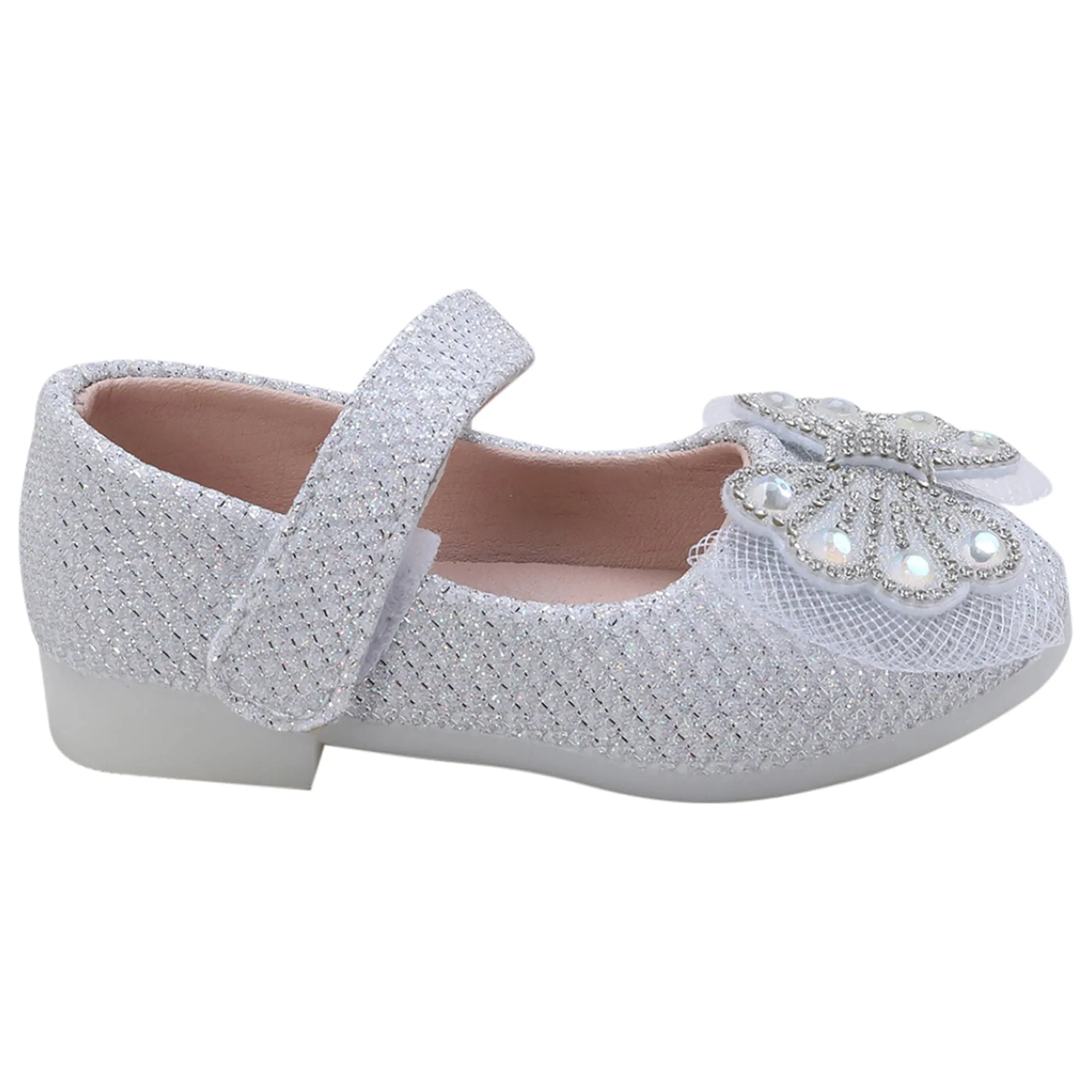 Baby Moo Glittery Butterfly Bow Mary Jane Velcro Strap Anti-Skid Ballerina Shoes - White