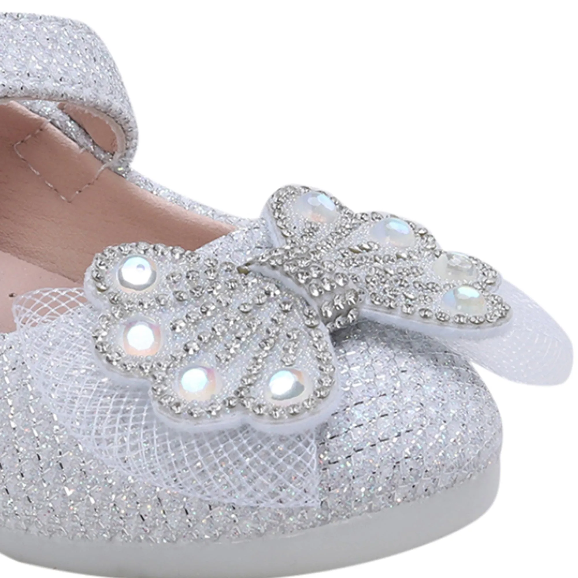 Baby Moo Glittery Butterfly Bow Mary Jane Velcro Strap Anti-Skid Ballerina Shoes - White