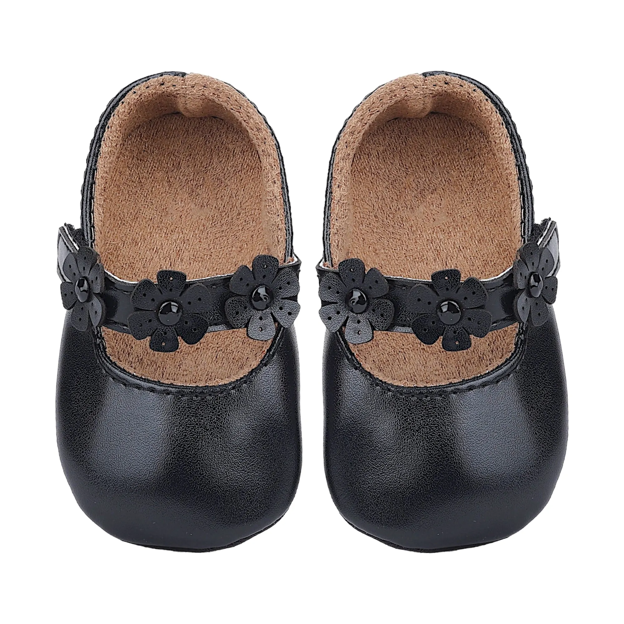 Baby Moo Mary Jane Embellished Flower Anti-Skid Ballerina Booties - Black