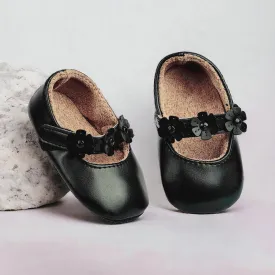 Baby Moo Mary Jane Embellished Flower Anti-Skid Ballerina Booties - Black