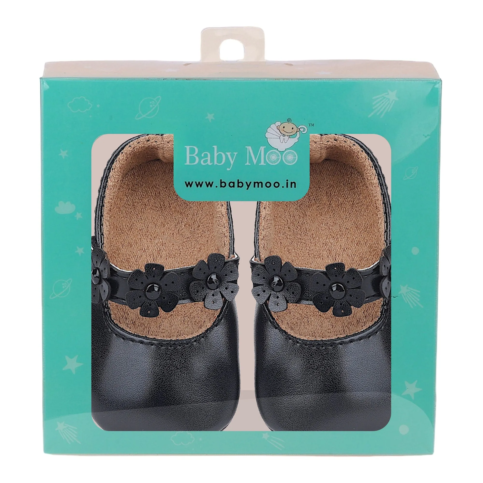 Baby Moo Mary Jane Embellished Flower Anti-Skid Ballerina Booties - Black