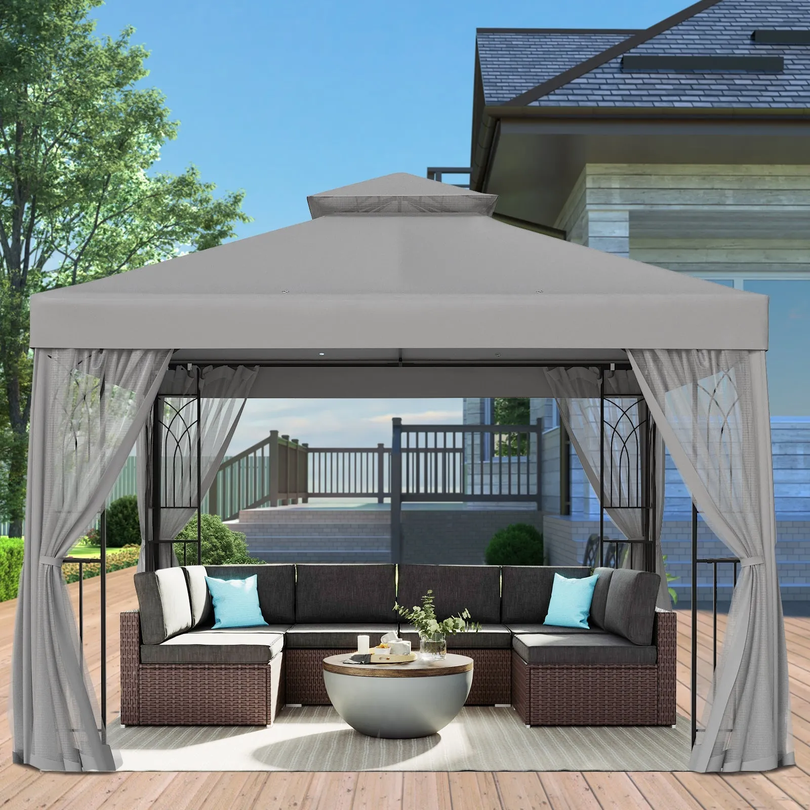 EAGLE PEAK 10x10 Patio Gazebo with Screen Walls and Corner Shelves