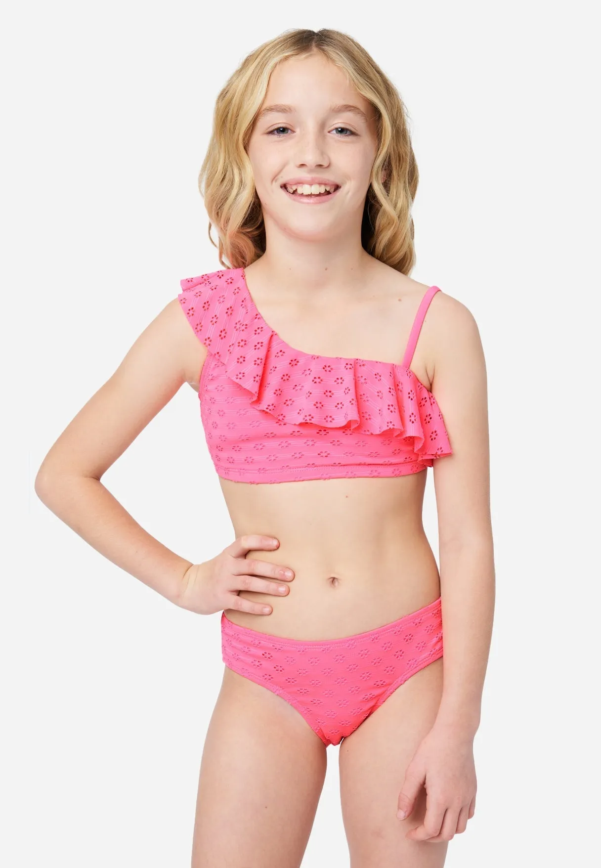 Eyelet Ruffle Asymmetrical Bikini Swim Set