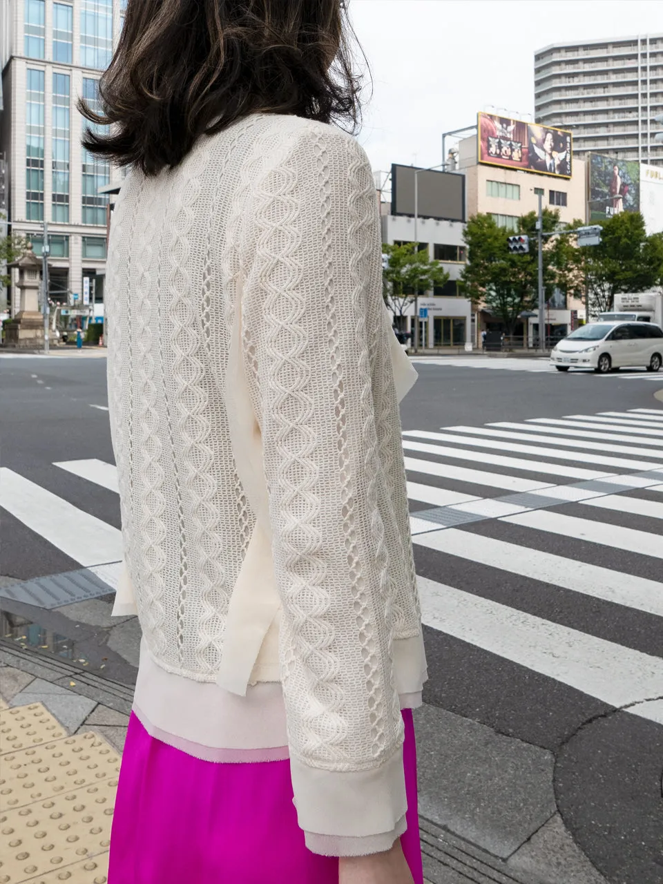 Ivory Chiffon Trimmed Open Front Lightweight Knit Jacket