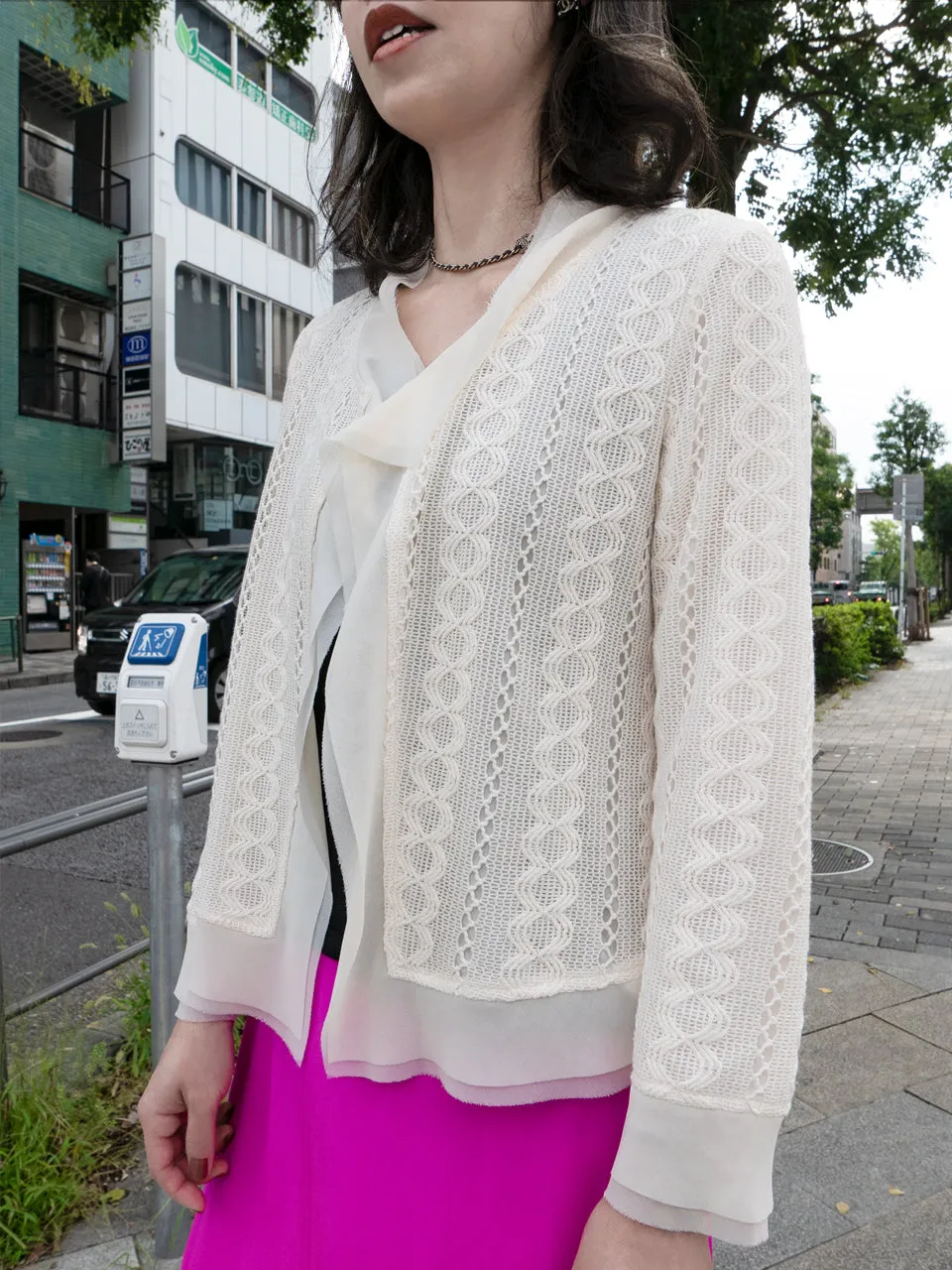 Ivory Chiffon Trimmed Open Front Lightweight Knit Jacket