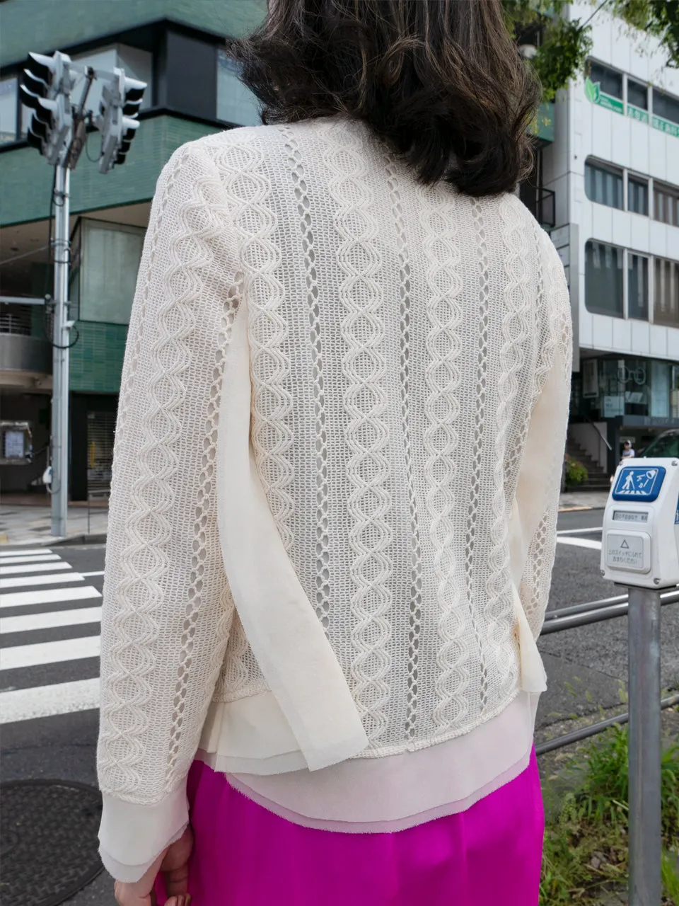 Ivory Chiffon Trimmed Open Front Lightweight Knit Jacket