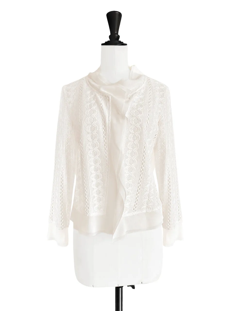 Ivory Chiffon Trimmed Open Front Lightweight Knit Jacket