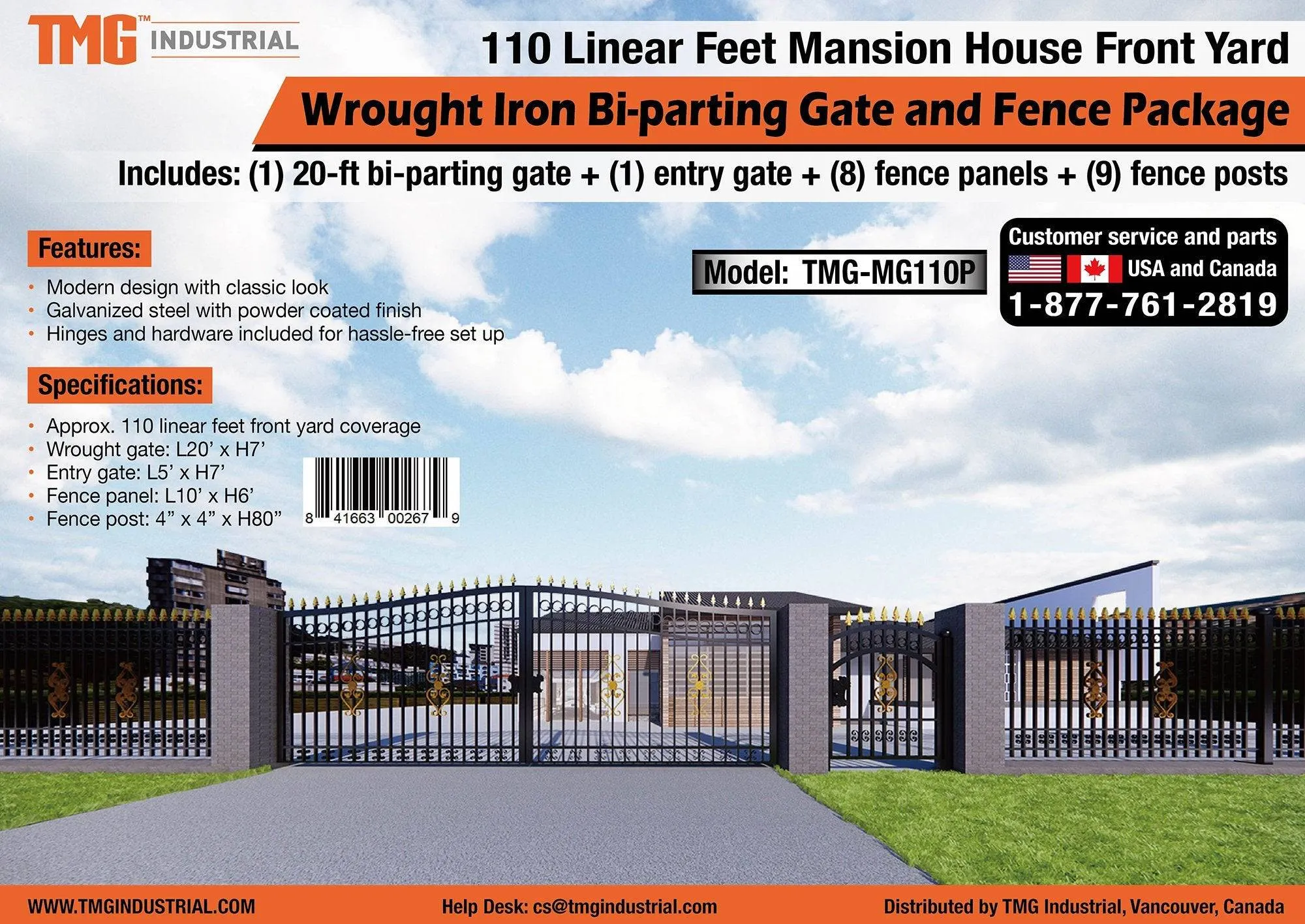 TMG Industrial 110-ft Bi-Parting Ornamental Wrought Iron Gate & Fence Panels Combo Pack, All Steel, Powder Coated, TMG-MG110P