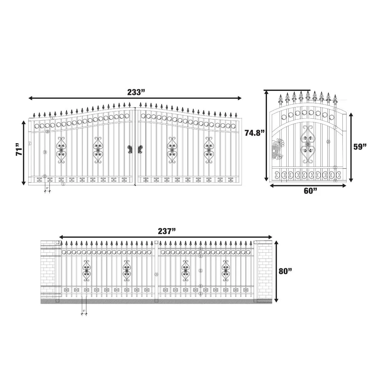 TMG Industrial 110-ft Bi-Parting Ornamental Wrought Iron Gate & Fence Panels Combo Pack, All Steel, Powder Coated, TMG-MG110P