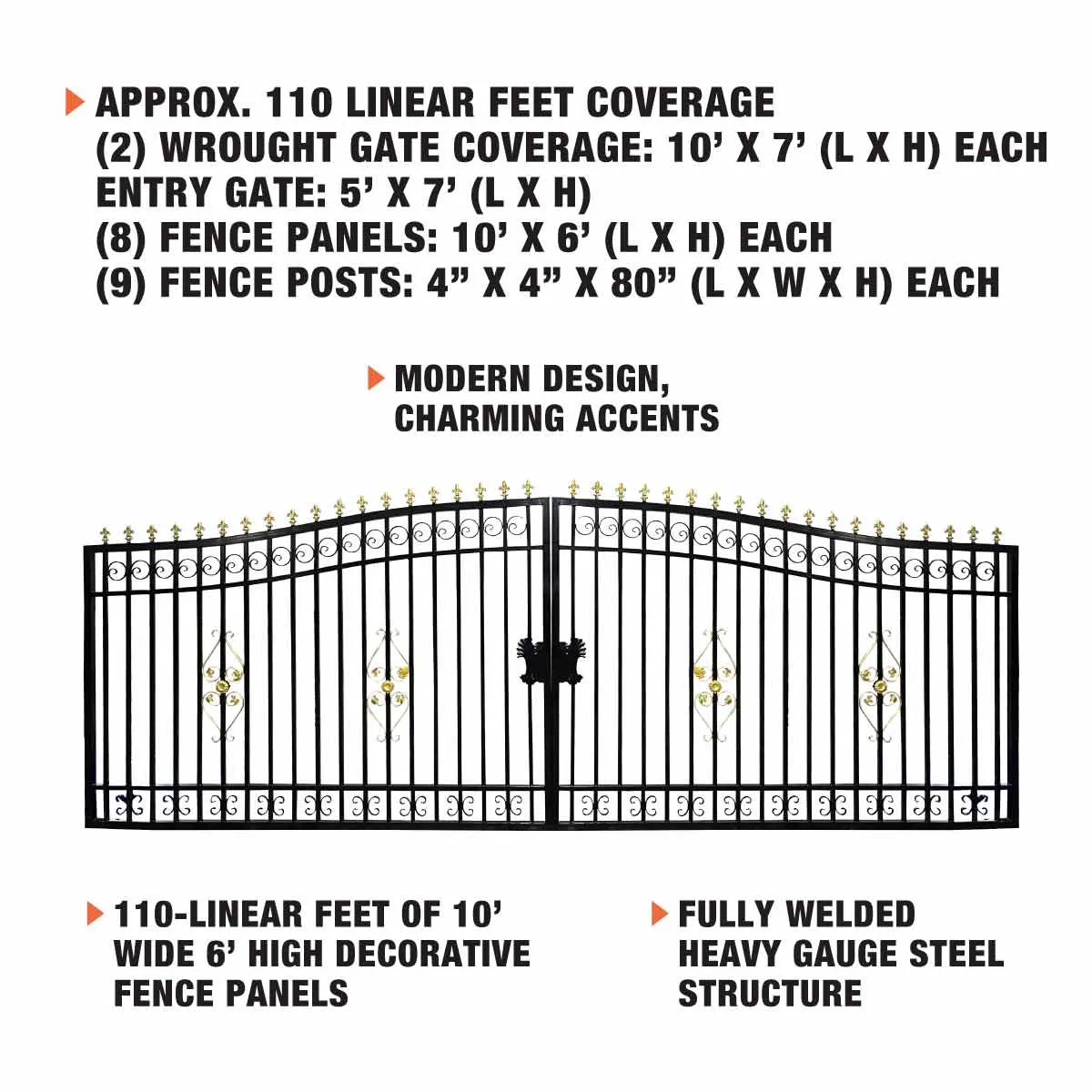 TMG Industrial 110-ft Bi-Parting Ornamental Wrought Iron Gate & Fence Panels Combo Pack, All Steel, Powder Coated, TMG-MG110P