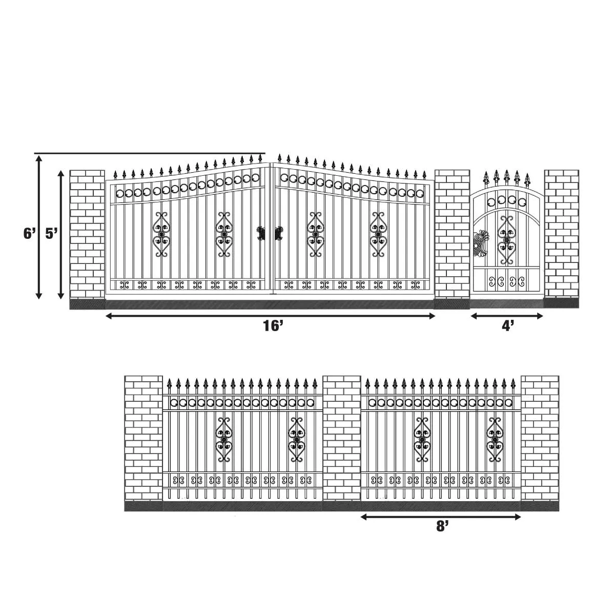 TMG Industrial 212-ft Bi-Parting Ornamental Wrought Iron Gate & Fence Panels Combo Pack, All Steel, Powder Coated, TMG-MG212P