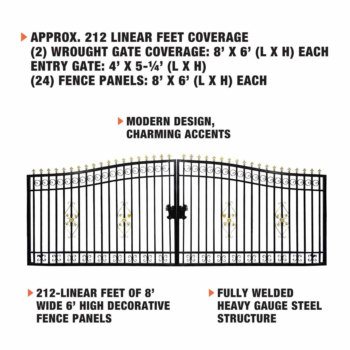 TMG Industrial 212-ft Bi-Parting Ornamental Wrought Iron Gate & Fence Panels Combo Pack, All Steel, Powder Coated, TMG-MG212P