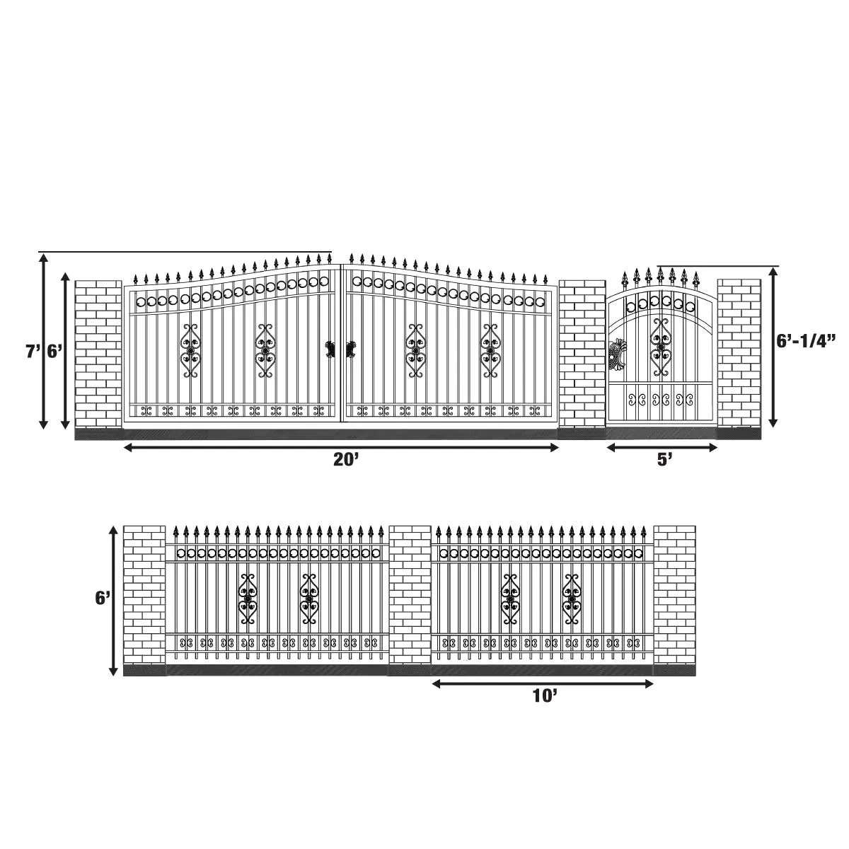 TMG Industrial 265-ft Bi-Parting Ornamental Wrought Iron Gate & Fence Panels Combo Pack, All Steel, Powder Coated, TMG-MG265P