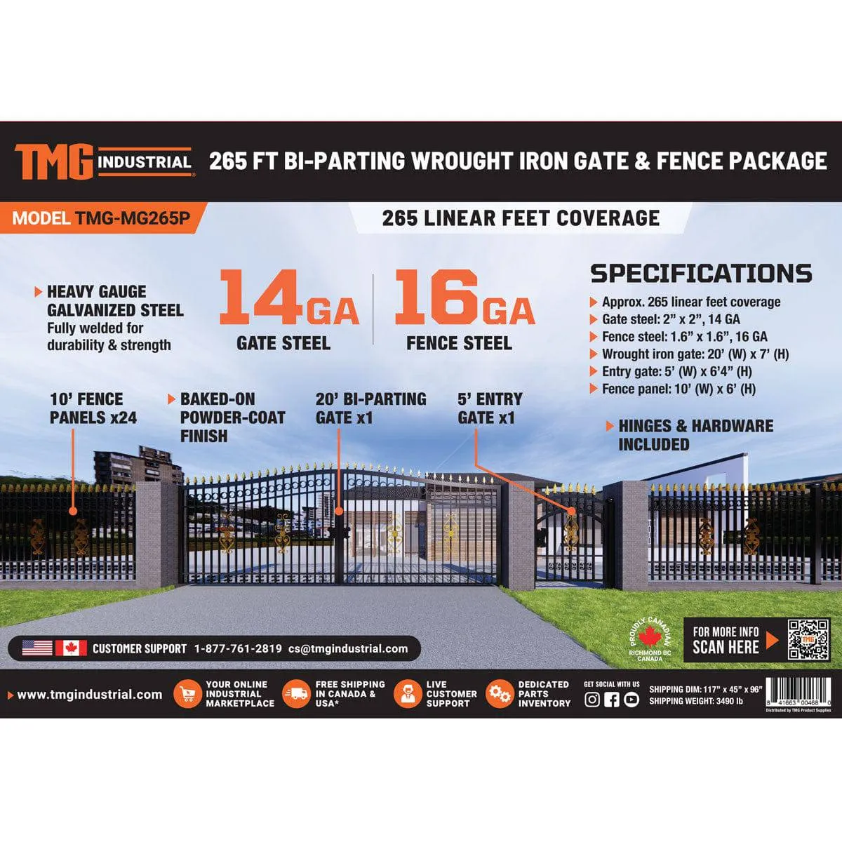 TMG Industrial 265-ft Bi-Parting Ornamental Wrought Iron Gate & Fence Panels Combo Pack, All Steel, Powder Coated, TMG-MG265P