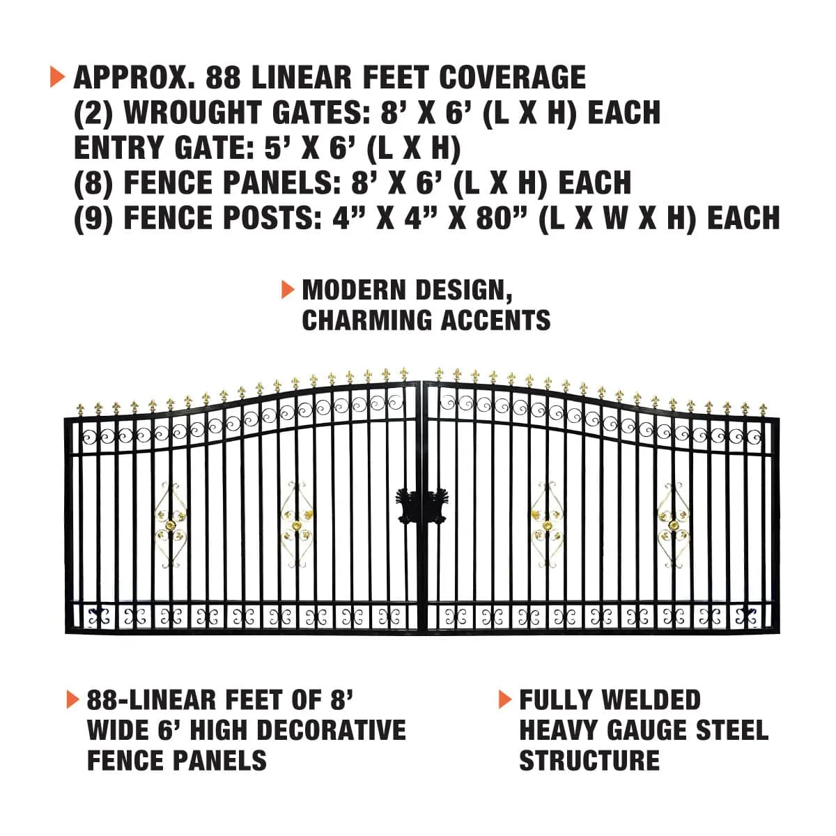 TMG Industrial 88-ft Bi-Parting Ornamental Wrought Iron Gate & Fence Panels Combo Pack, All Steel, Powder Coated, TMG-MG88P