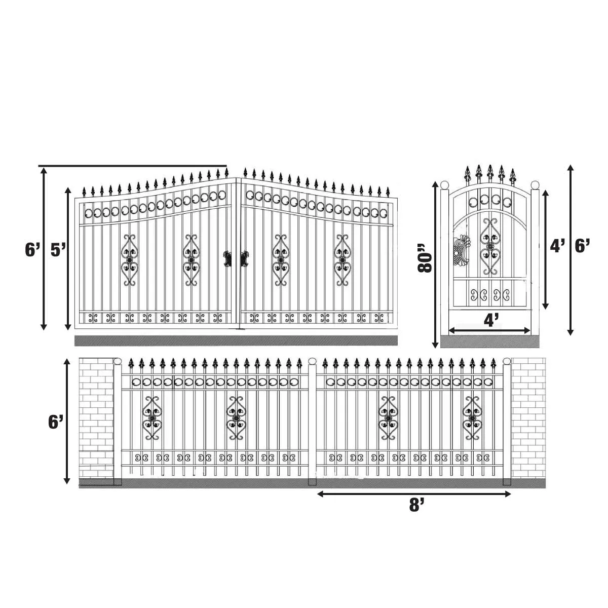 TMG Industrial 88-ft Bi-Parting Ornamental Wrought Iron Gate & Fence Panels Combo Pack, All Steel, Powder Coated, TMG-MG88P