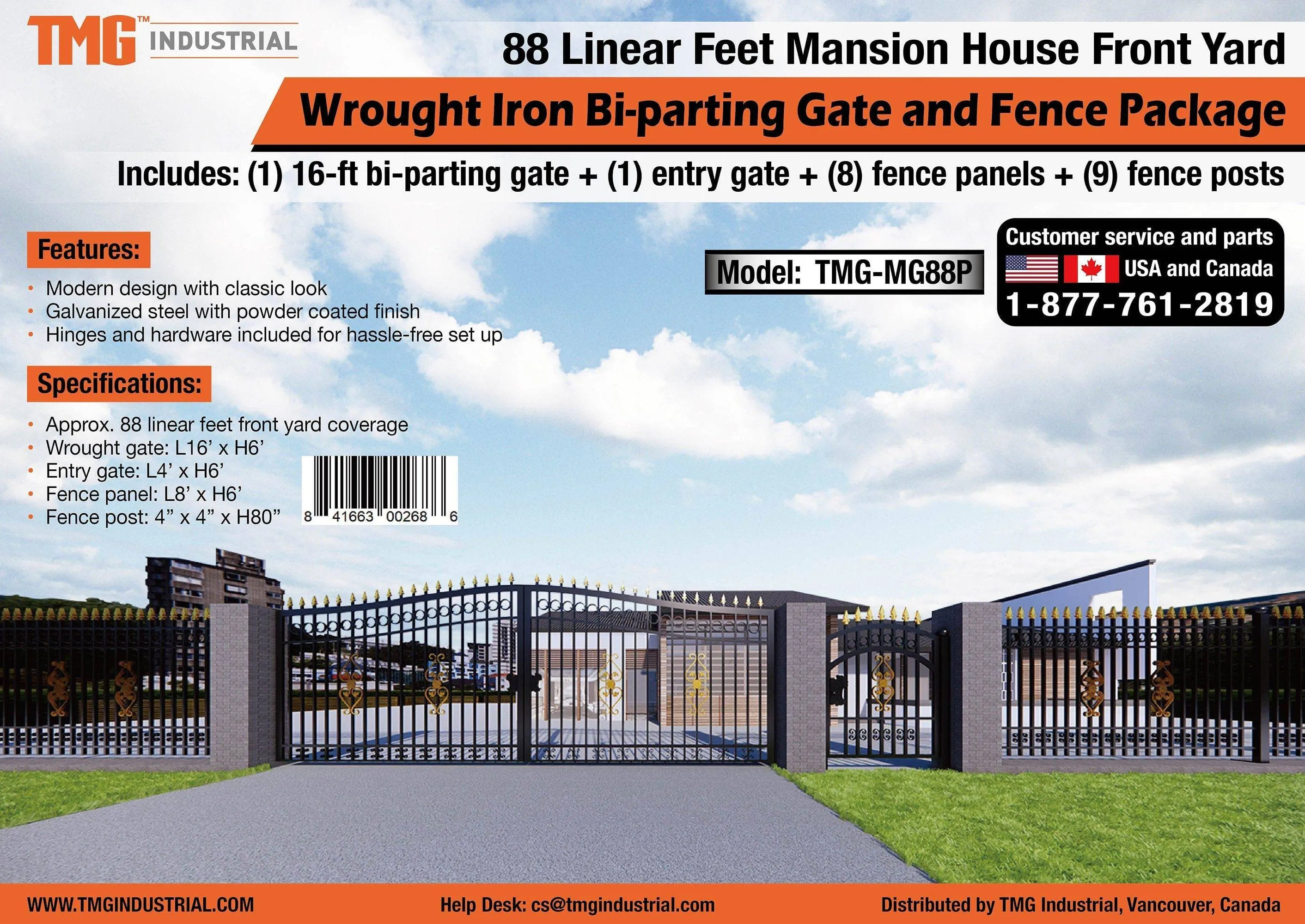 TMG Industrial 88-ft Bi-Parting Ornamental Wrought Iron Gate & Fence Panels Combo Pack, All Steel, Powder Coated, TMG-MG88P