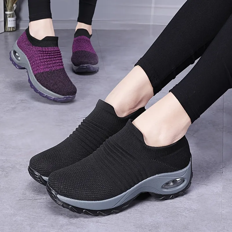 Ultra-Comfortable Women's Slip-On Sneakers - Breathable, Lightweight, Air Cushion Sole, Knit Upper, Easy Walking Shoes for Casual Outings, Travel, and Fitness Activities