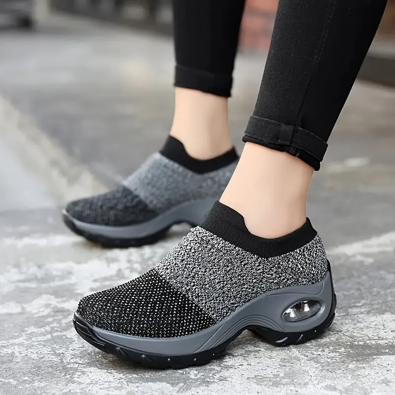 Ultra-Comfortable Women's Slip-On Sneakers - Breathable, Lightweight, Air Cushion Sole, Knit Upper, Easy Walking Shoes for Casual Outings, Travel, and Fitness Activities